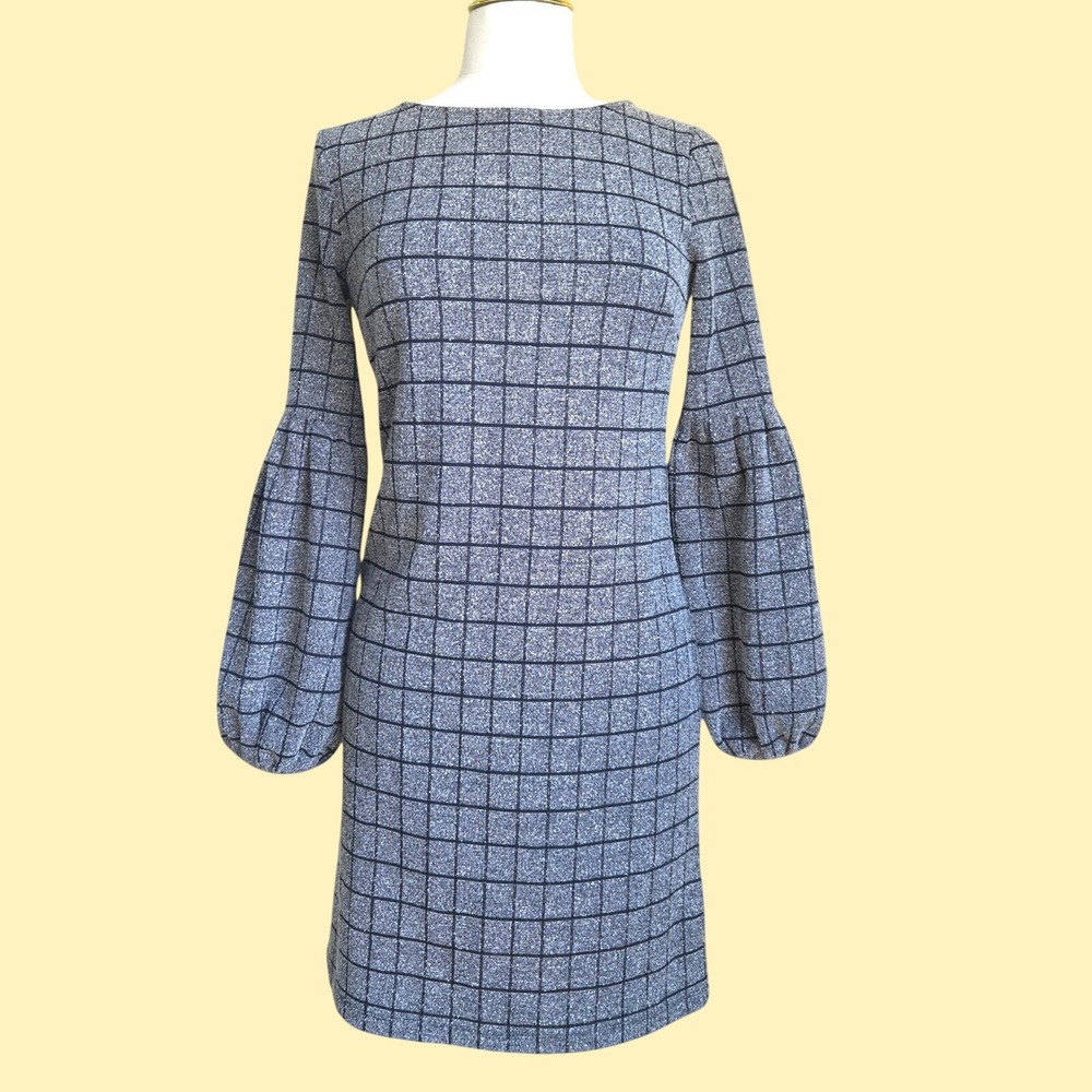 Cremieux Grid Puff lantern Sleeve Dress Womens XS Silver Black